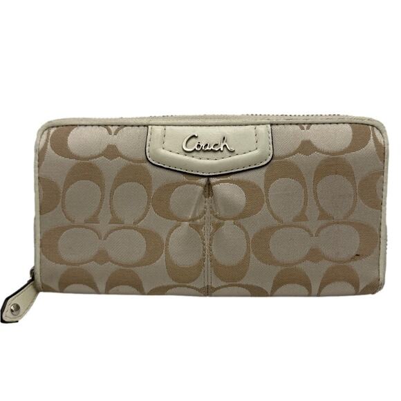 COACH Tan and Cream Signature Canvas Zip Around Wallet - Picture 1 of 10